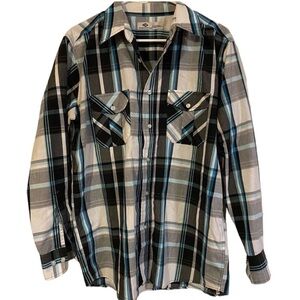 Generation One Black, White, and Blue Plaid Button Down Long Sleeve Shirt Size M
